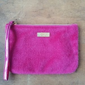 Ipsy pink faux fur makeup bag